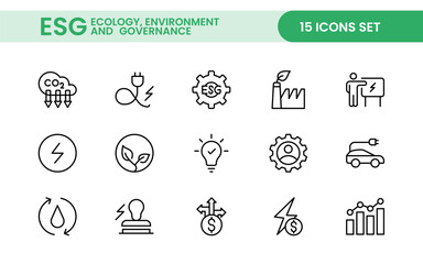 ESG flat line icon set. Outline icon collection related to ecology, environment social governance, risk management, sustainable developmen and more.