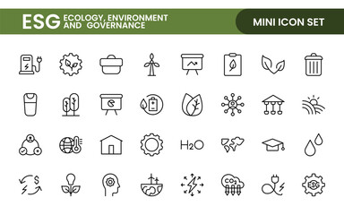 ESG flat line icon set. Outline icon collection related to ecology, environment social governance, risk management, sustainable developmen and more.