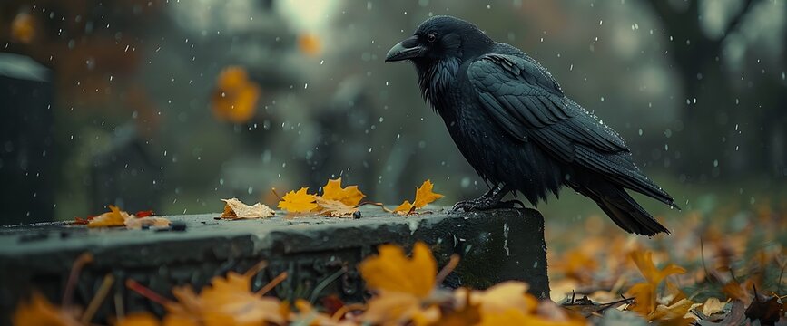A lone raven perches on a stone ledge amidst a flurry of autumn leaves and rain. - Powered by Adobe