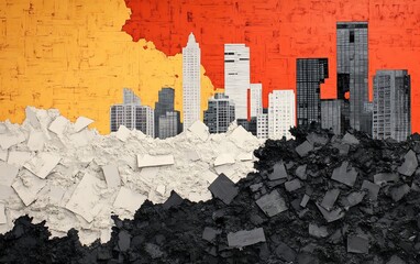 A vibrant abstract city skyline artwork featuring a blend of colors including red, orange, black, and white.