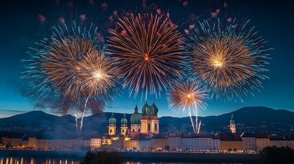 Fototapeta premium A spectacular fireworks display lights up the night sky over a cityscape, creating a dazzling spectacle of light and color.