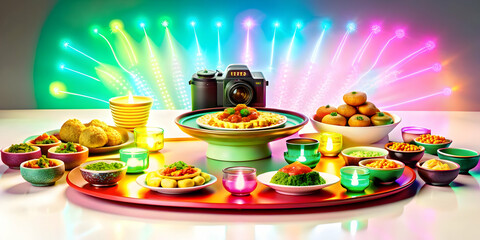 3D Radiant abstract art of a Labh Pancham feast with glowing dishes concept as A glowing abstract digital art banner depicting a Labh Pancham feast with glowing dishes arranged on an abstract digital 