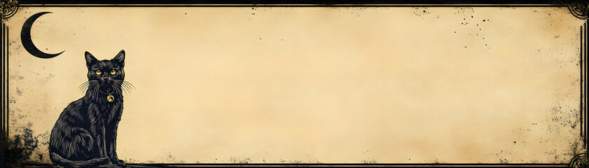 Black Cat and Moon Border with Mystic Text concept as A sleek border frame featuring black cats and crescent moons around the edges with the word Mystic in an elegant mysterious font. The design inclu