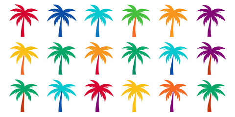 set colorful palm trees on white background