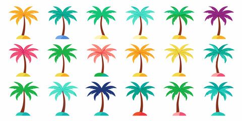 set colorful palm trees on white background