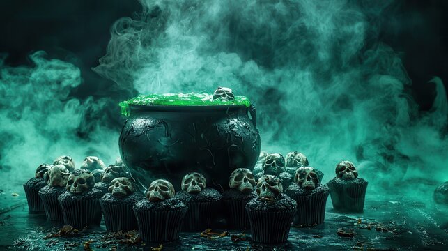 A chilling Halloween food scene featuring a dark table covered in eerie treats black cupcakes with skull decorations a bubbling cauldron of green potion in the center fog swirling around the base of