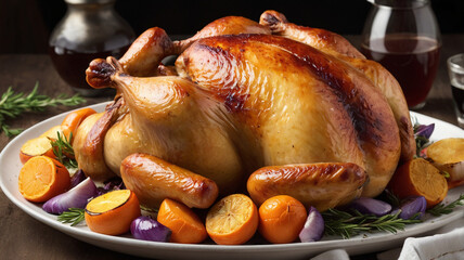 Whole roasted chicken served on a plate