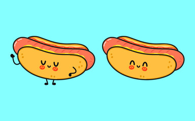 Hot dog character. Vector hand drawn cartoon kawaii character illustration icon. Isolated on blue background. Hot dog character concept