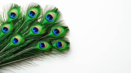 Obraz premium Colorful peacock feathers arranged on a white background, displaying their vibrant greens and blues in intricate patterns.