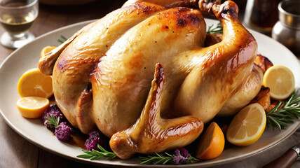 Whole roasted chicken served on a plate