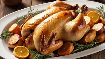 Whole roasted chicken served on a plate