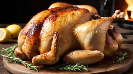 Whole roasted chicken served on a plate