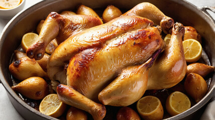 Whole roasted chicken served on a plate