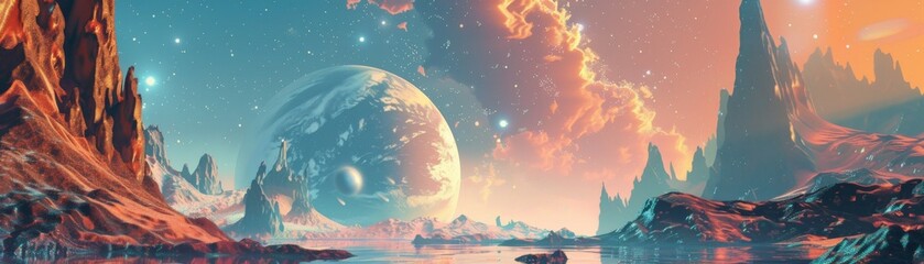 Fototapeta premium A surreal landscape featuring vibrant colors, distant planets, and dramatic rock formations, evoking a sense of wonder and exploration.