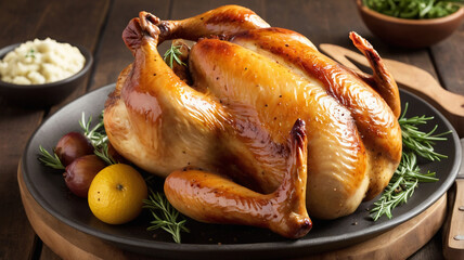 Whole roasted chicken served on a plate