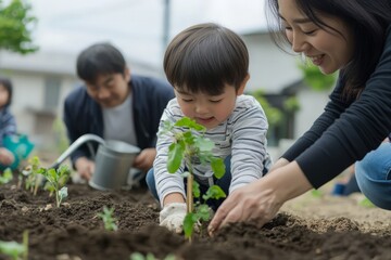 Japanese families interacting in a community garden, with parents and children planting trees together, small hands gently patting soil around a sapling while adults hold watering cans.