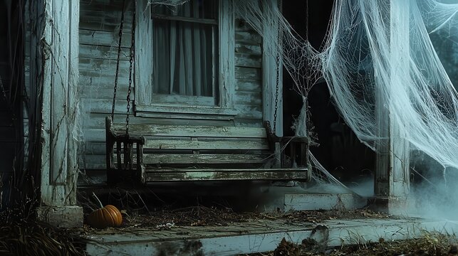 A spooky haunted house with cobweb-covered windows a broken porch swing creaking in the wind and a shadow moving behind the curtains
