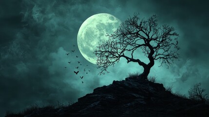Naklejka premium A full moon rising over a spooky hilltop with a single gnarled tree silhouetted against the sky bats flying out of the tree's branches