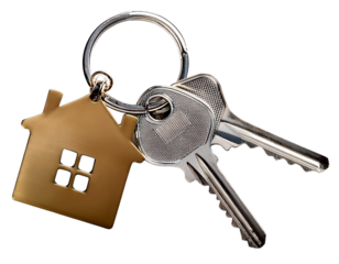 House keys featuring a PNG cutout of a house on a keychain  