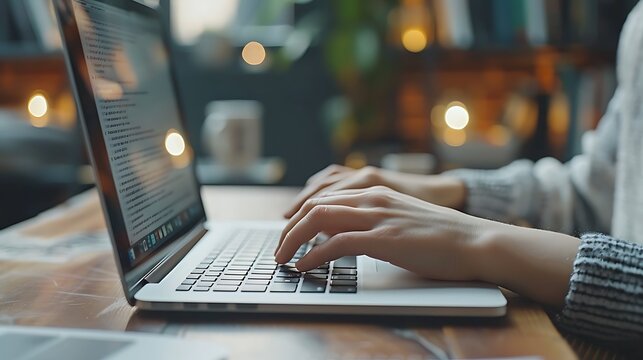 Detailed shot of fingers typing on a laptop, the screen showing a document with paragraphs of text, soft light from the screen illuminating the scene, hd quality, realistic details,