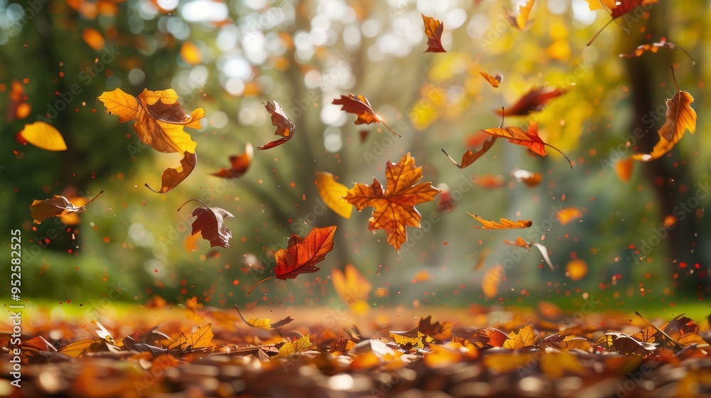 Poster a beautiful autumn scene with leaves falling from the trees