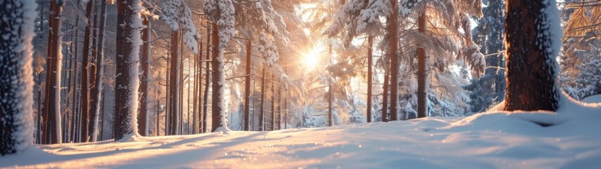 forest in winter with the sun in the background, ratio 32:9