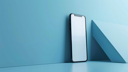 Modern Smartphone with Blank Screen Leaning Against Minimalist Blue Geometric Background – Tech Product Mockup, Mobile Display, and Sleek Design for Technology Stock Photography and Marketing Concepts