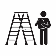 Black and white stick figure of a person conduct safety inspection for foldable ladder vector illustration. © wijas