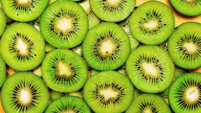 Rows of sliced kiwi fruits, showcasing a pattern of vibrant green and fresh texture