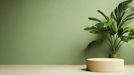 A serene interior scene featuring a green wall, a round pedestal, and a lush indoor plant, perfect for modern decor.