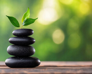 A serene stack of black stones balanced with a green leaf, symbolizing peace, harmony, and nature's tranquility.