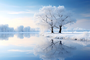 Winter Wonderland: Frozen Lake and Snow Covered Trees