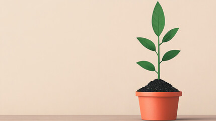 Obraz premium A vibrant green plant emerging from a terracotta pot, symbolizing growth and nature indoors.