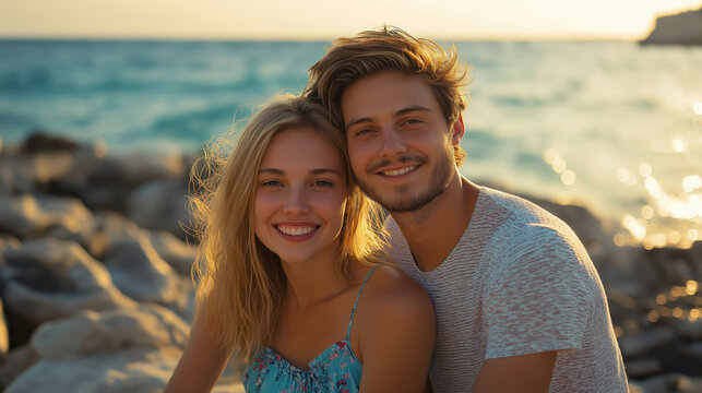 Smiling couple sitting on a rocky seaside during sunset, embracing, enjoying a moment of happiness and tranquility