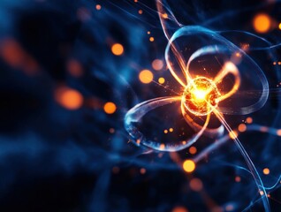 Obraz premium Dynamic representation of a molecular structure with glowing particles on a dark background, illustrating scientific concepts.