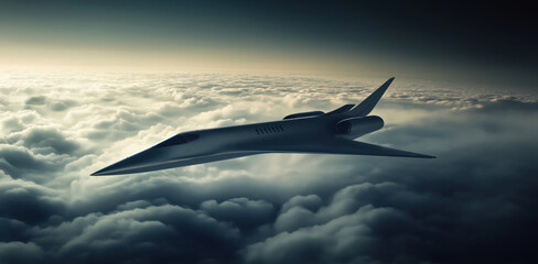 Supersonic jet soaring above the clouds in dramatic evening sky