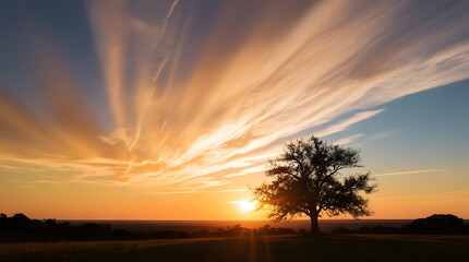 Fototapeta premium Silhouette of a tree against the backdrop of a beautiful sunset is generated by ai