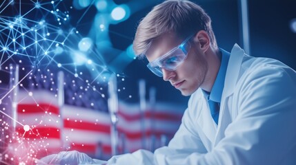 A scientist working in a laboratory, with an American flag background subtly highlighting innovation and research 