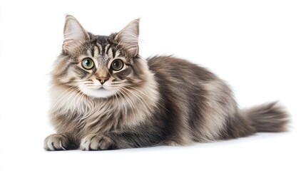 Obraz premium A Gray Tabby Cat with Green Eyes Lying on a White Background