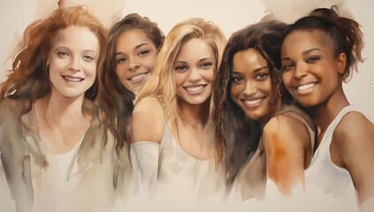 Obraz premium Watercolor Portrait of Five Smiling Women, Friendship and Diversity Concept, Warm and Soft Tones