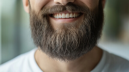 Obraz premium Closeup of a smiling bearded man showcasing healthy teeth and well groomed facial hair