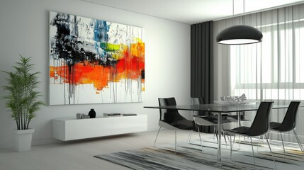 Abstract Art Dining Room: A modern dining room interior features a large abstract painting as a focal point, adding a vibrant touch of color and texture to the minimalist space. The sleek glass table.