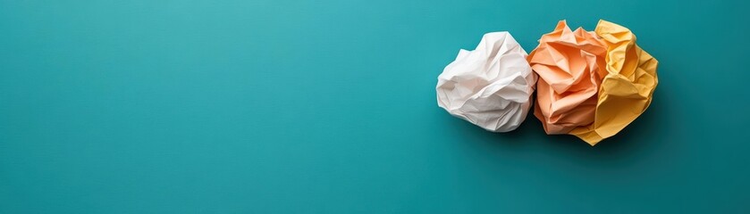 Crumpled white and orange paper balls on a teal background, depicting error, mistake, creativity, or brainstorming process.