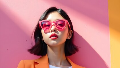 photoshoot of an elegant a Asian woman wearing sunglasses and stylish , standing in front of colorful abstract shapes