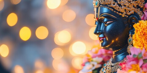 Obraz premium Statue of Lord Krishna adorned with flowers and jewelry, with bokeh lights in the background. Krishna Janmashtami and Hindu festival concept. Banner with copy space.