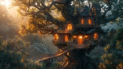 A magical treehouse nestled amongst the branches of a giant tree, bathed in the warm glow of the setting sun.