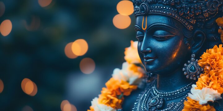 Statue of Lord Krishna adorned with flowers and jewelry, with bokeh lights in the background. Krishna Janmashtami and Hindu festival concept. Banner with copy space.