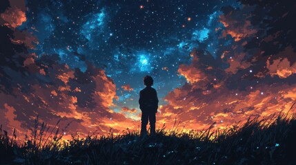 Fototapeta premium Pixelated Retro Explorer gazing at Stars with Copy Space for Text - Unique Contemporary Twist in 8-Bit Style