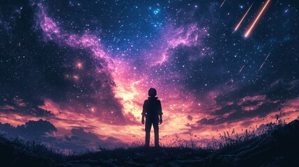 Fototapeta premium Digital Wanderlust: 8-Bit Pixelated Character Gazing at Stars with Copy Space for Retro Exploration, Contemporary Tech Twist