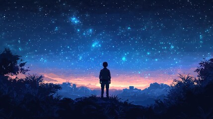 Fototapeta premium Retro Pixelated Explorer Gazing at Stars with Modern Twist Copy Space